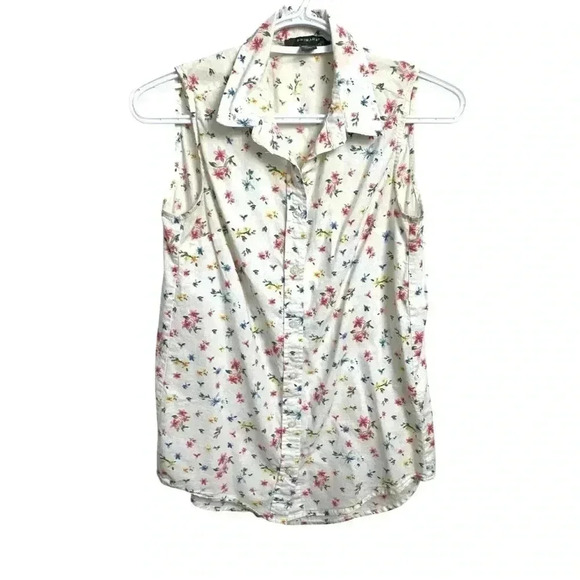 Primark 100% cotton sleeveless summer casual shirt  White w Floral - Picture 1 of 4
